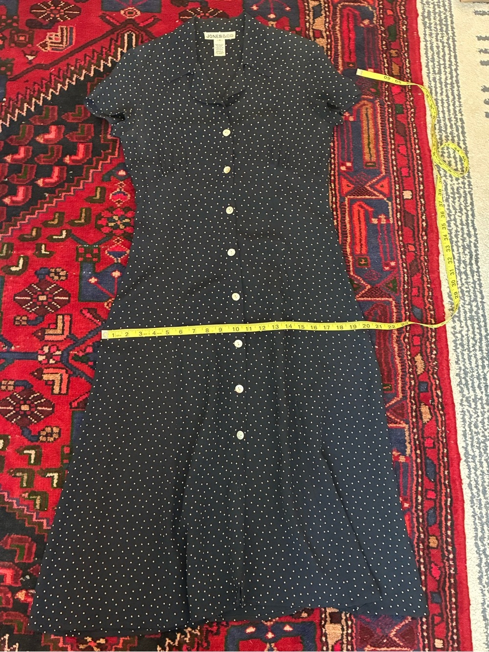Vintage 90s Jones&Co Navy Polka Dot Midi Dress with back tie - Picture 8 of 13